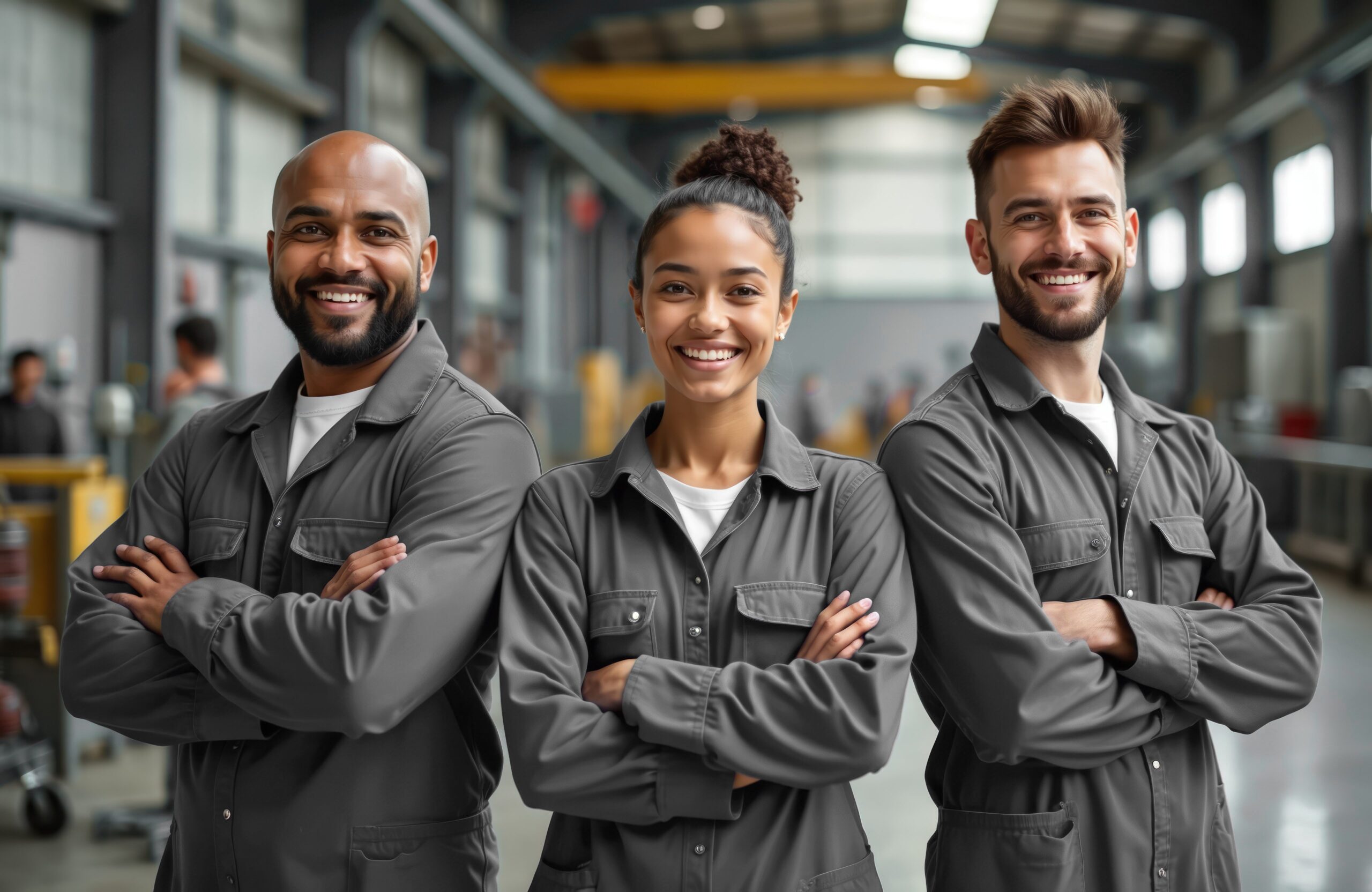 Diverse team of smiling Electropoli employees in grey work uniforms standing with crossed arms on the factory floor